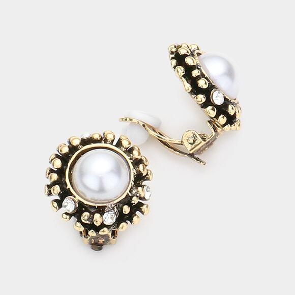 Clip on small gold round white pearl earrings - Picture 1 of 1